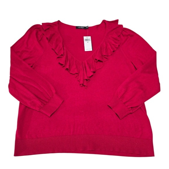 Lauren Ralph Lauren Sweaters - Lauren Ralph Lauren Red Ruffle V-Neck‎ Puff Sleeve Sweater 3X NWT 202889